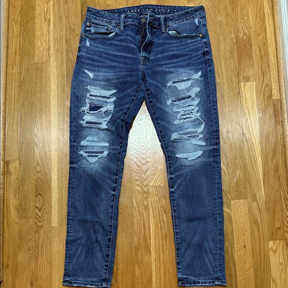 American Eagle Outfitters Men's Ripped Dark Blue Skinny Jeans - Picture 1 of 6